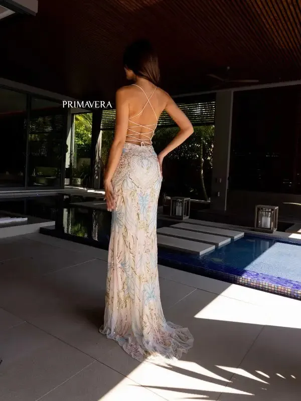 Primavera Couture 4156 Size 4 Mint Long Prom Dress Scoop Neck Fitted Sequin Lace Up Back High Slit Formal Pageant Gown