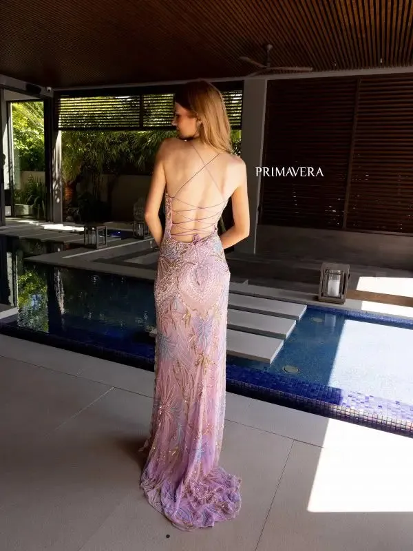 Primavera Couture 4156 Size 4 Mint Long Prom Dress Scoop Neck Fitted Sequin Lace Up Back High Slit Formal Pageant Gown