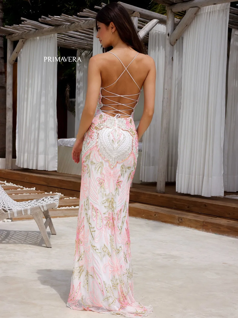 Primavera Couture 4156 Size 4 Mint Long Prom Dress Scoop Neck Fitted Sequin Lace Up Back High Slit Formal Pageant Gown
