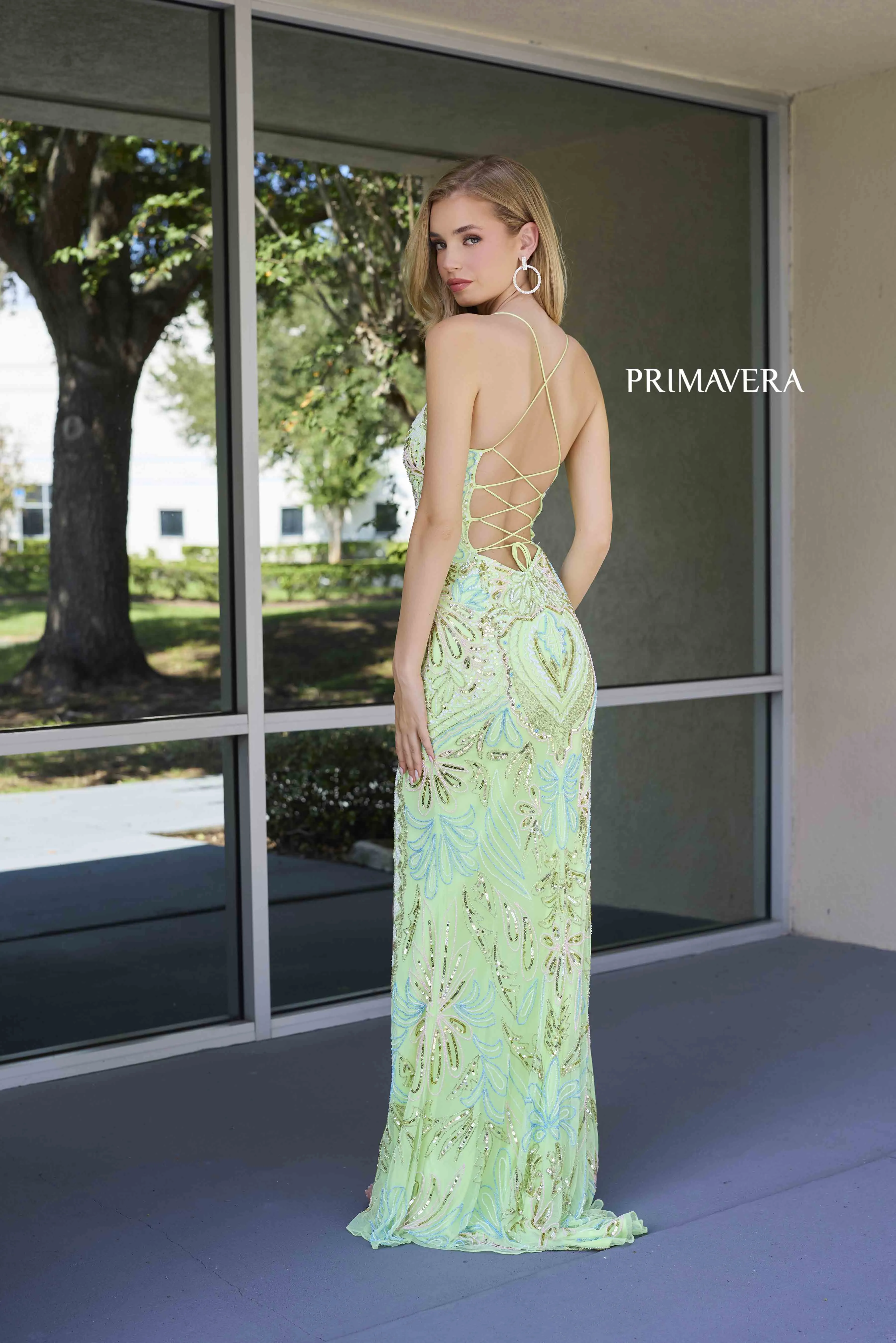 Primavera Couture 4156 Size 4 Mint Long Prom Dress Scoop Neck Fitted Sequin Lace Up Back High Slit Formal Pageant Gown