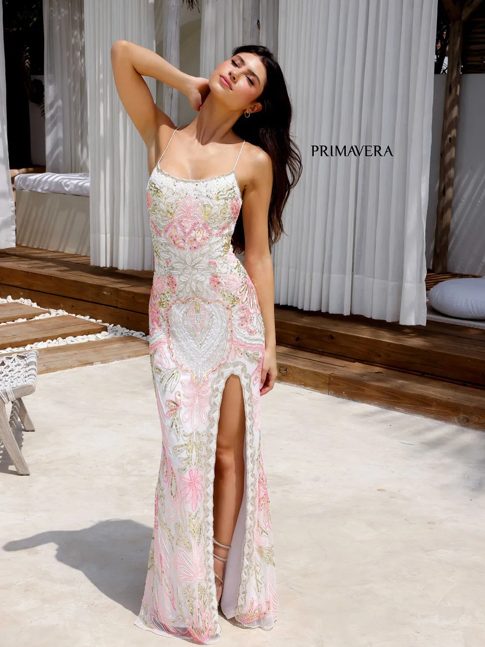 Primavera Couture 4156 Size 4 Mint Long Prom Dress Scoop Neck Fitted Sequin Lace Up Back High Slit Formal Pageant Gown