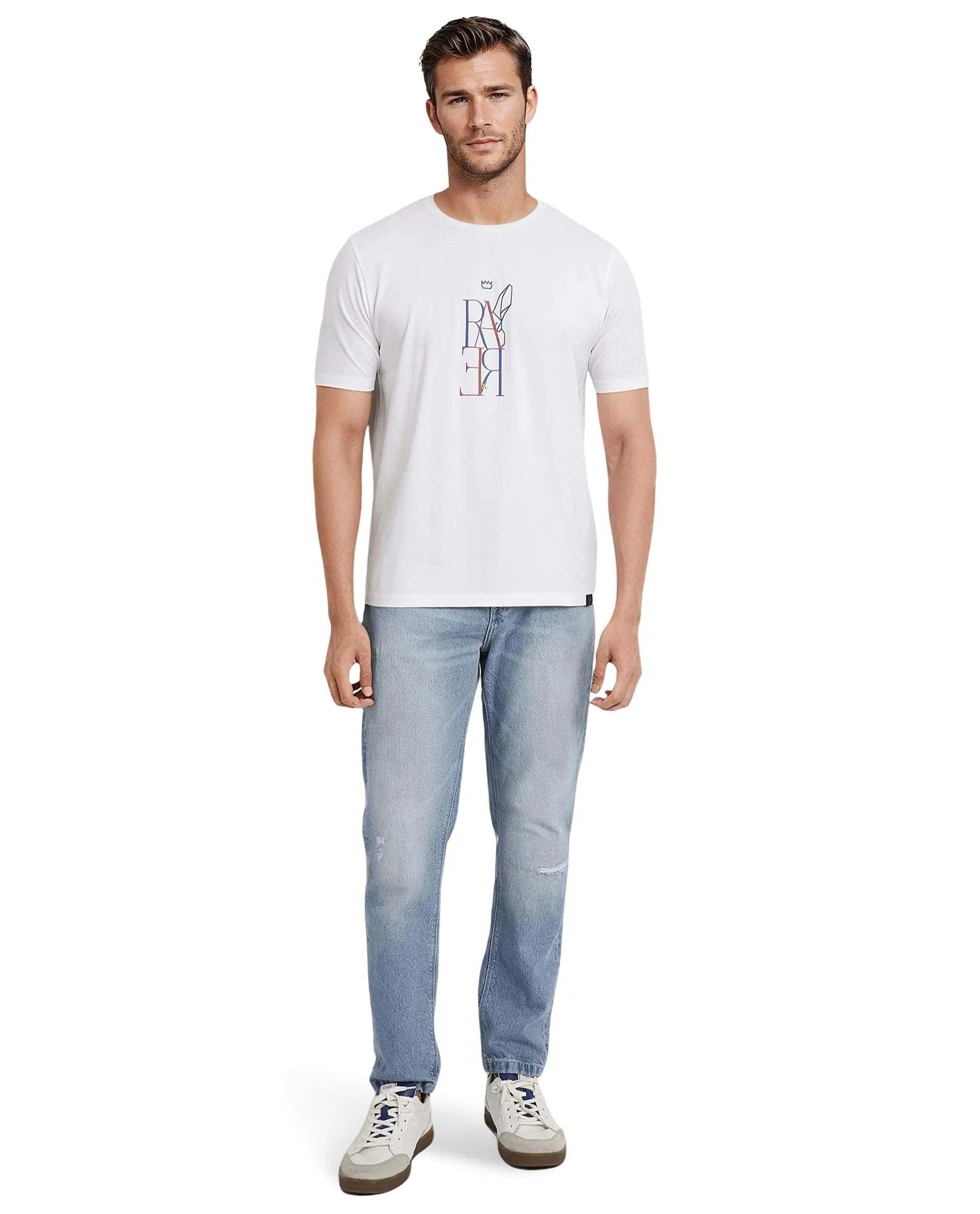 Rare Rabbit Men Keat White Short Sleeves Crew Neck Regular Fit Hd Graphic Print T-Shirt