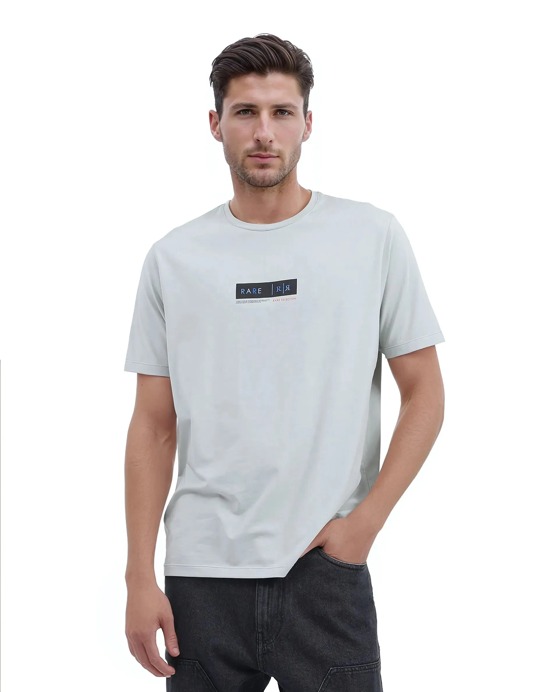 Rare Rabbit Men Rolt Dusky Green Cotton Blend Fabric Short Sleeve Crew Neck Hd Print T-Shirt