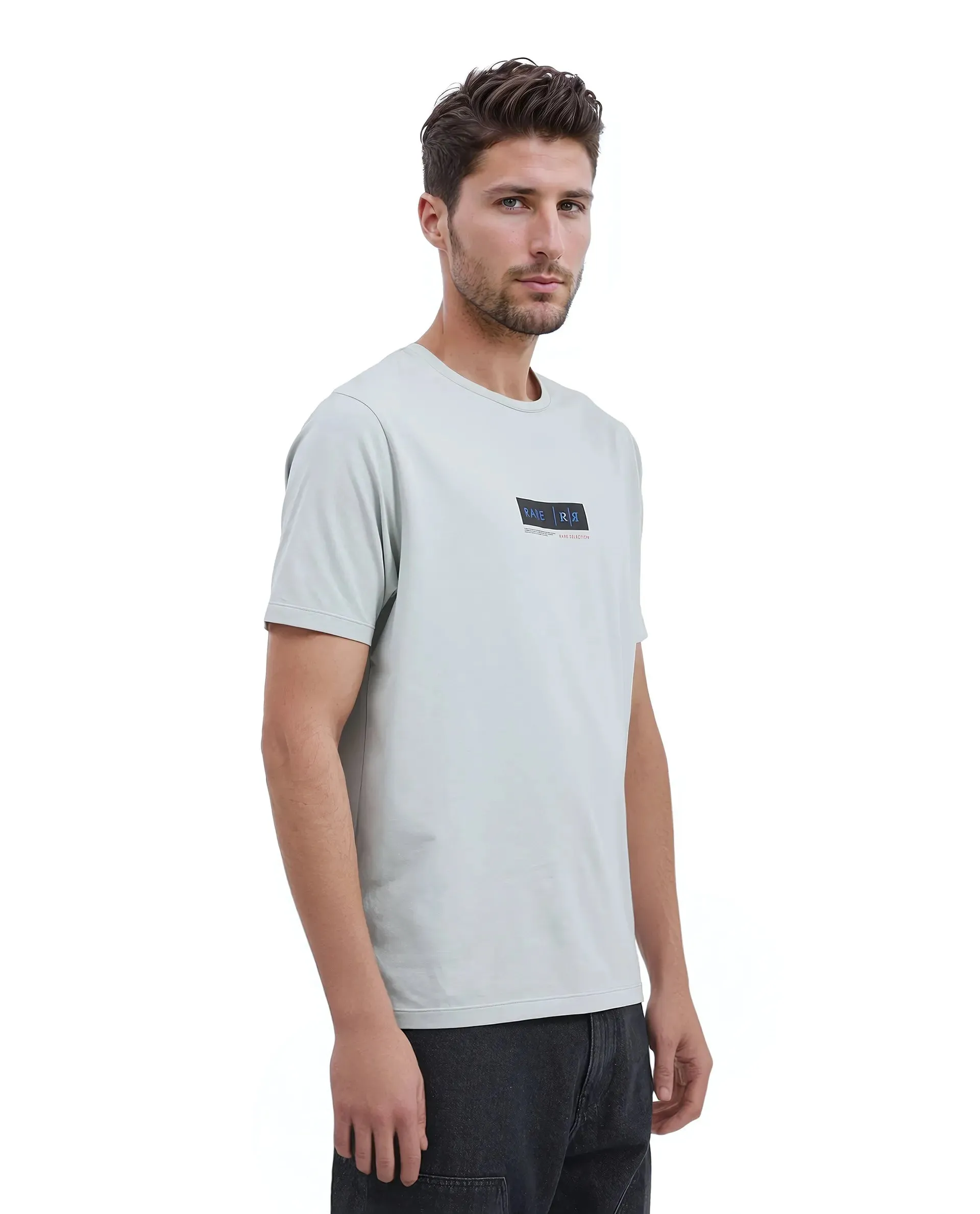 Rare Rabbit Men Rolt Dusky Green Cotton Blend Fabric Short Sleeve Crew Neck Hd Print T-Shirt