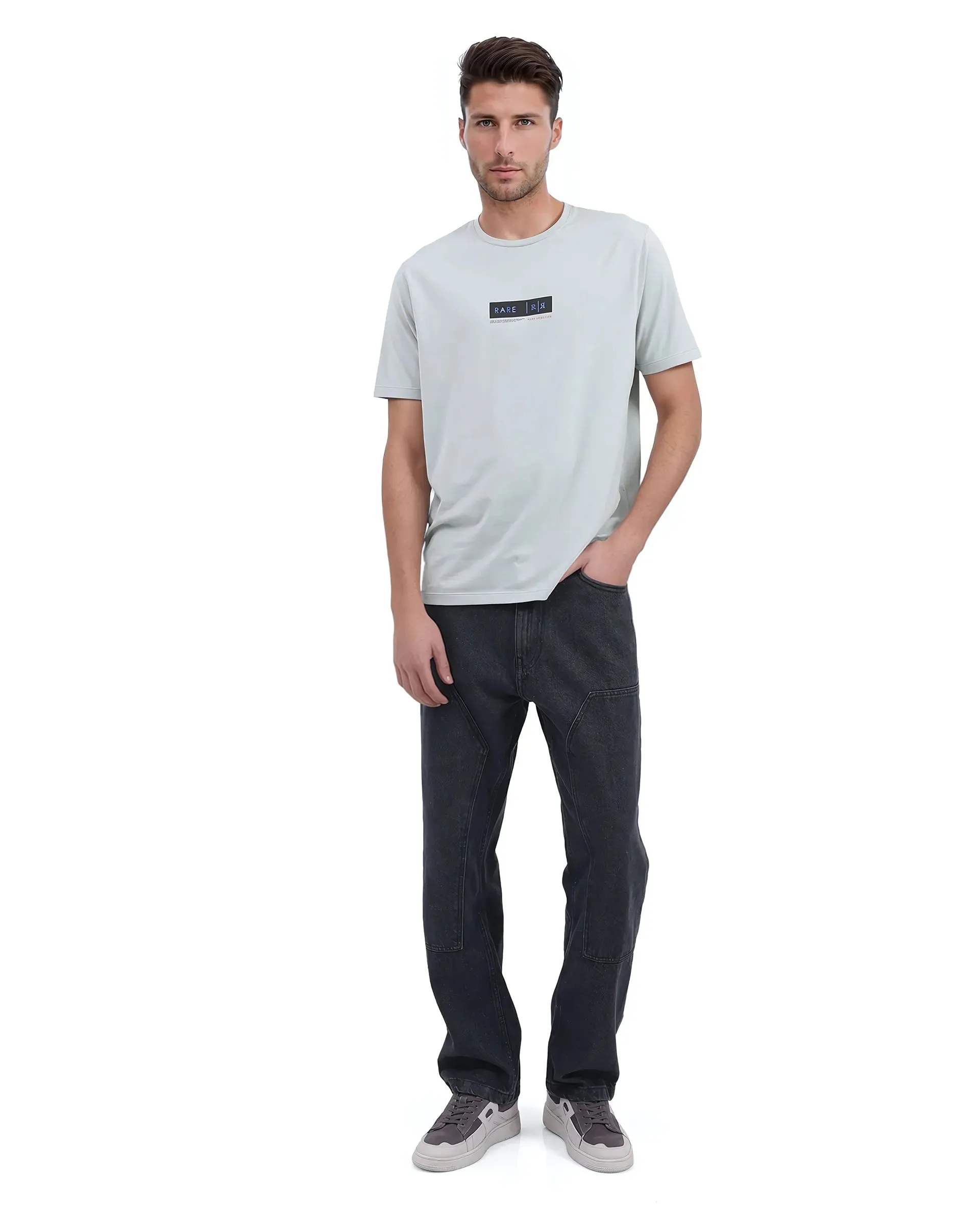 Rare Rabbit Men Rolt Dusky Green Cotton Blend Fabric Short Sleeve Crew Neck Hd Print T-Shirt
