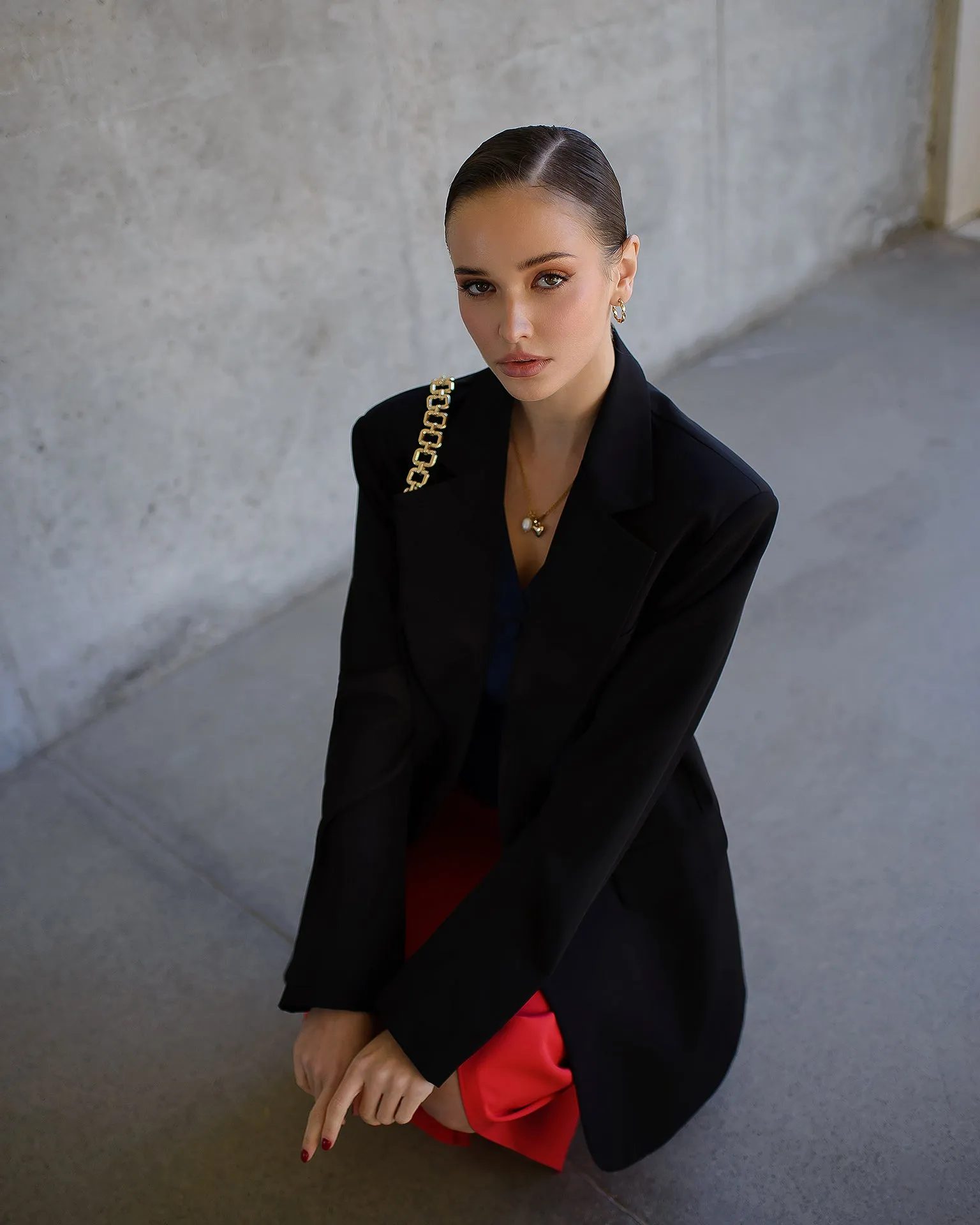 Red Front-Slit Midi Skirt