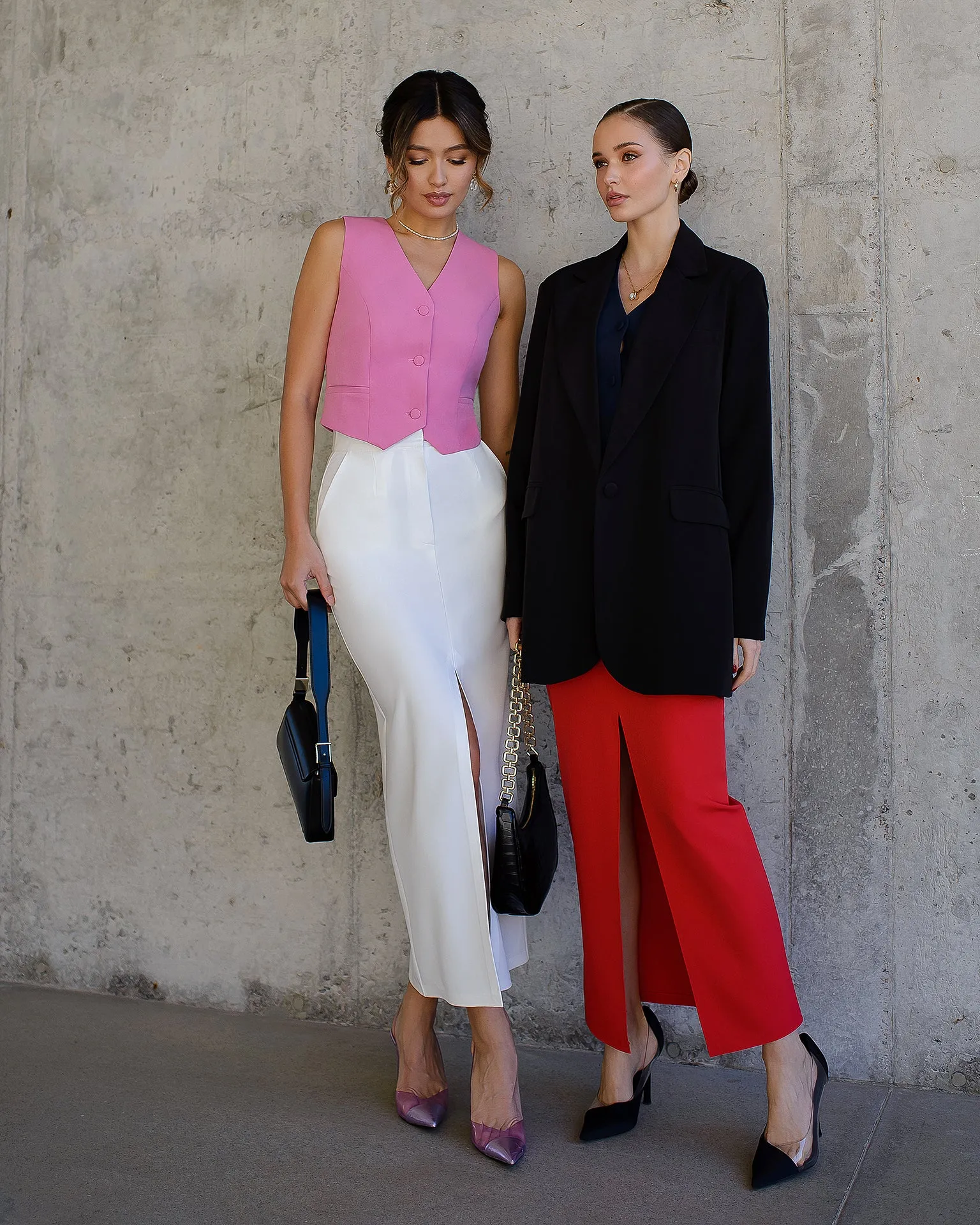 Red Front-Slit Midi Skirt