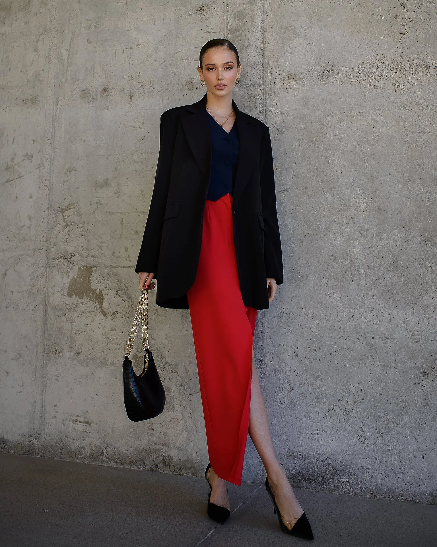 Red Front-Slit Midi Skirt