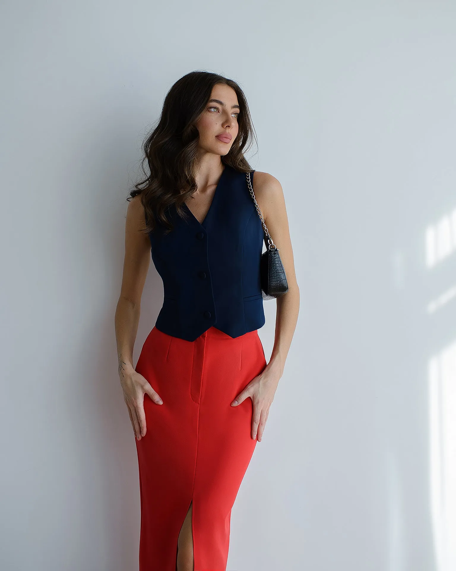 Red Front-Slit Midi Skirt
