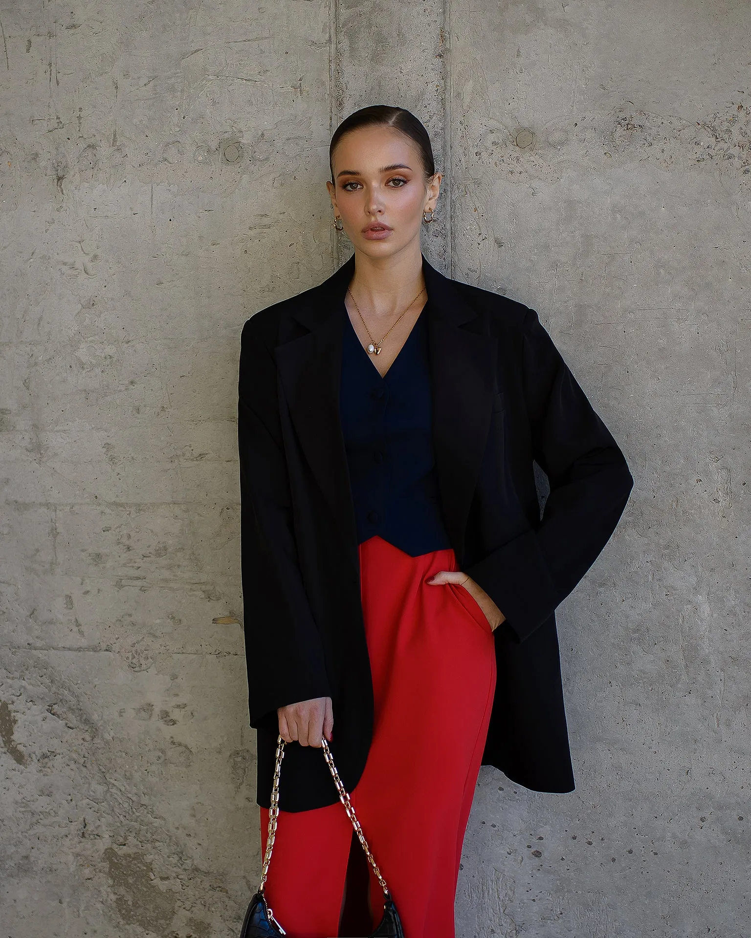 Red Front-Slit Midi Skirt