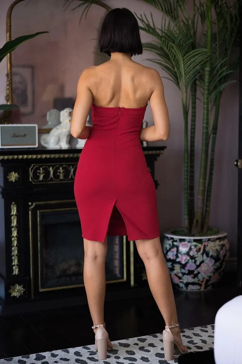 Red Sweetheart Neck V Shape Jewel Stone Club Party Bodycon Sexy Tube Mini Dress