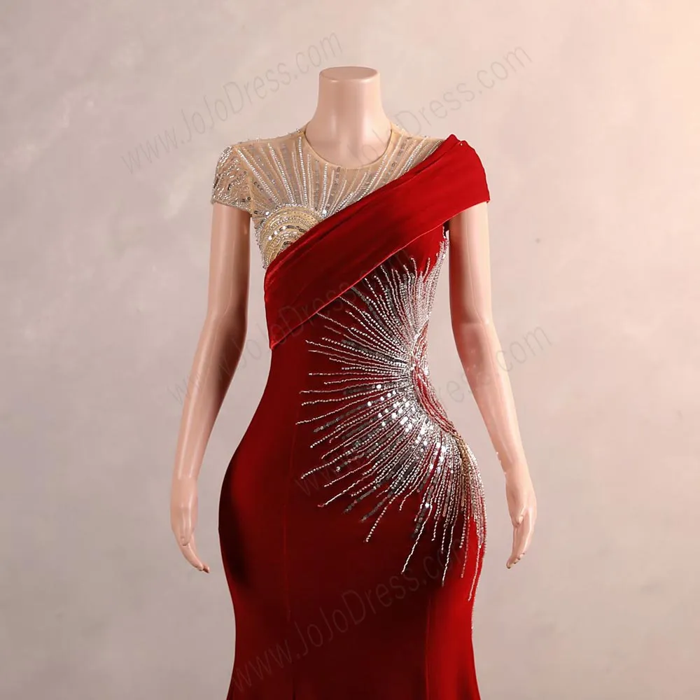 Red Velvet Maxi Fitted Formal Prom Evening Dress EN5809
