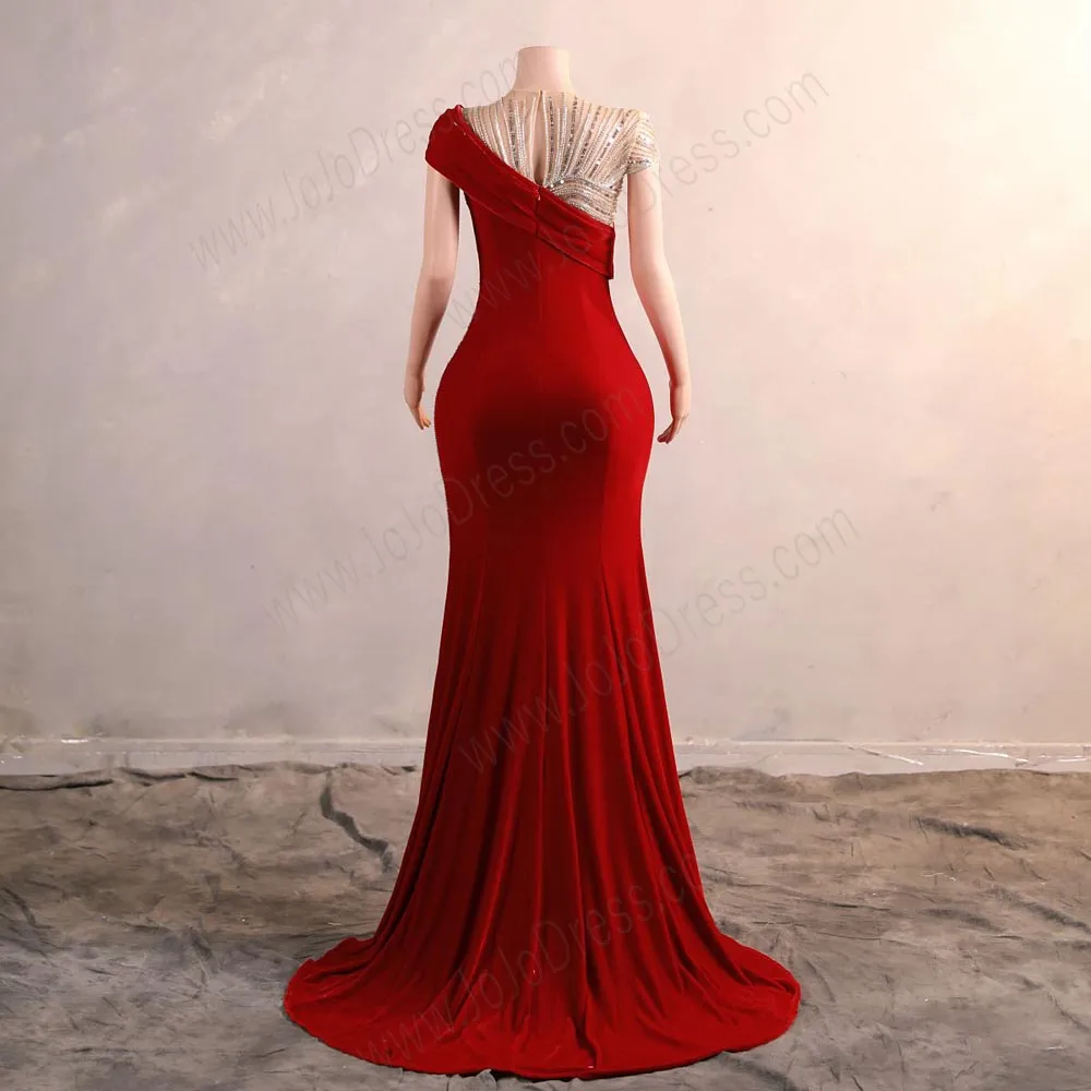 Red Velvet Maxi Fitted Formal Prom Evening Dress EN5809