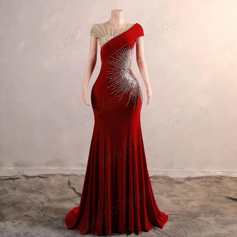 Red Velvet Maxi Fitted Formal Prom Evening Dress EN5809