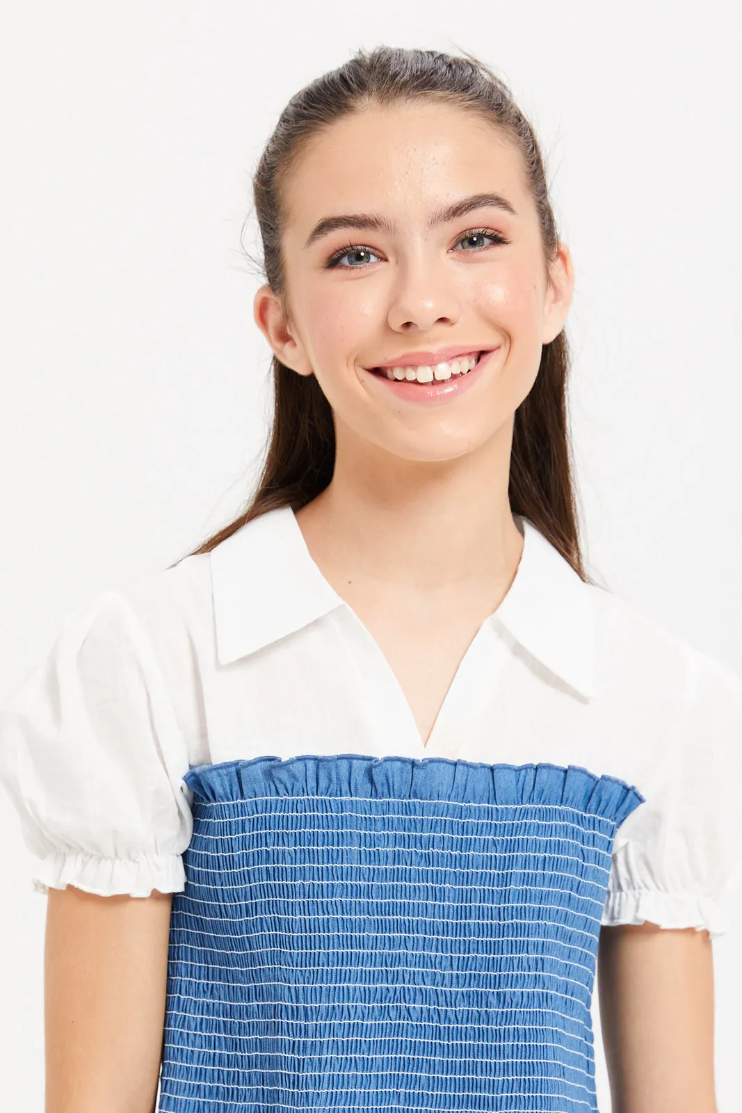Senior Girls White And Blue Denim Smocking Blouse