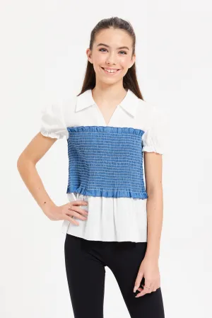 Senior Girls White And Blue Denim Smocking Blouse