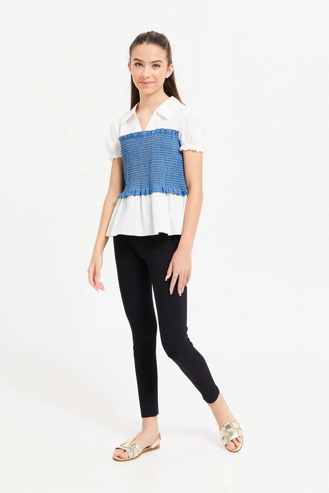 Senior Girls White And Blue Denim Smocking Blouse