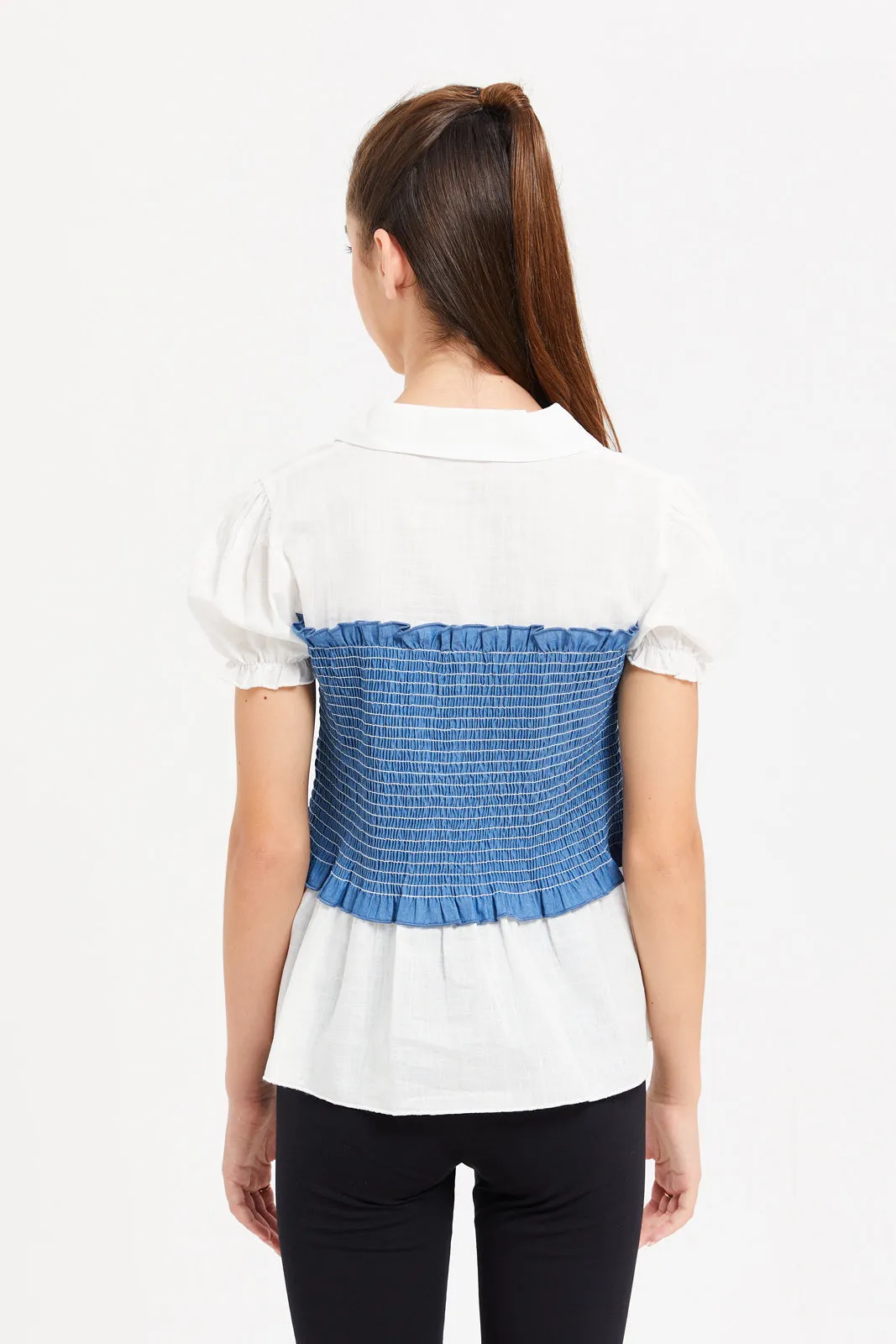 Senior Girls White And Blue Denim Smocking Blouse
