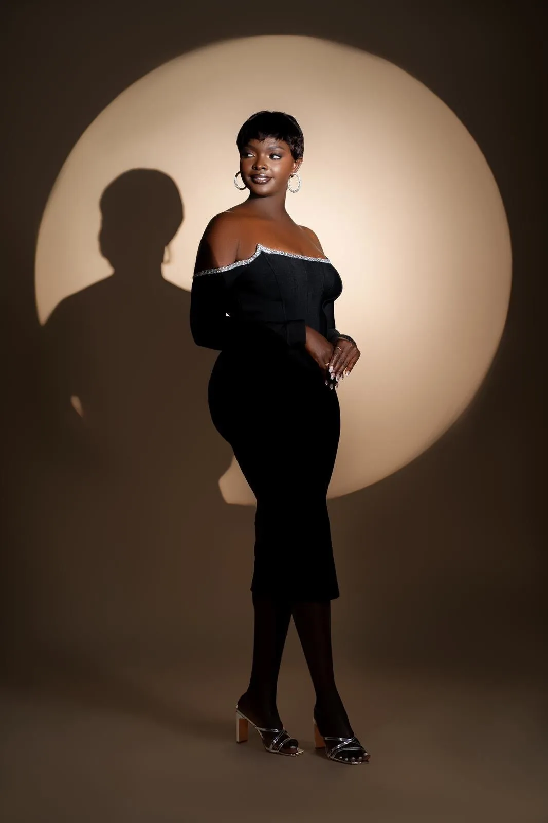 Starlight Noir Midi Dress- Off The Shoulder Black Bandage Dress With Silver Trimmings