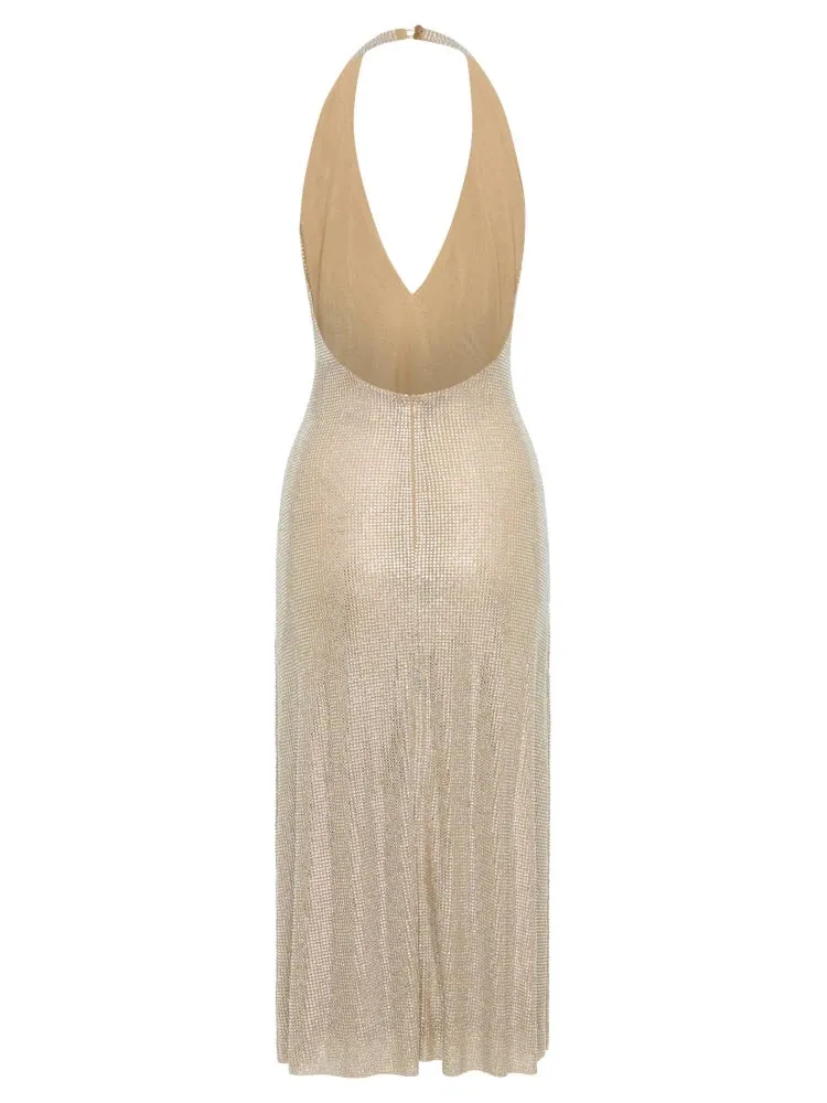 Trend4us Glamorous Halter Diamonds Backless Evening Gown