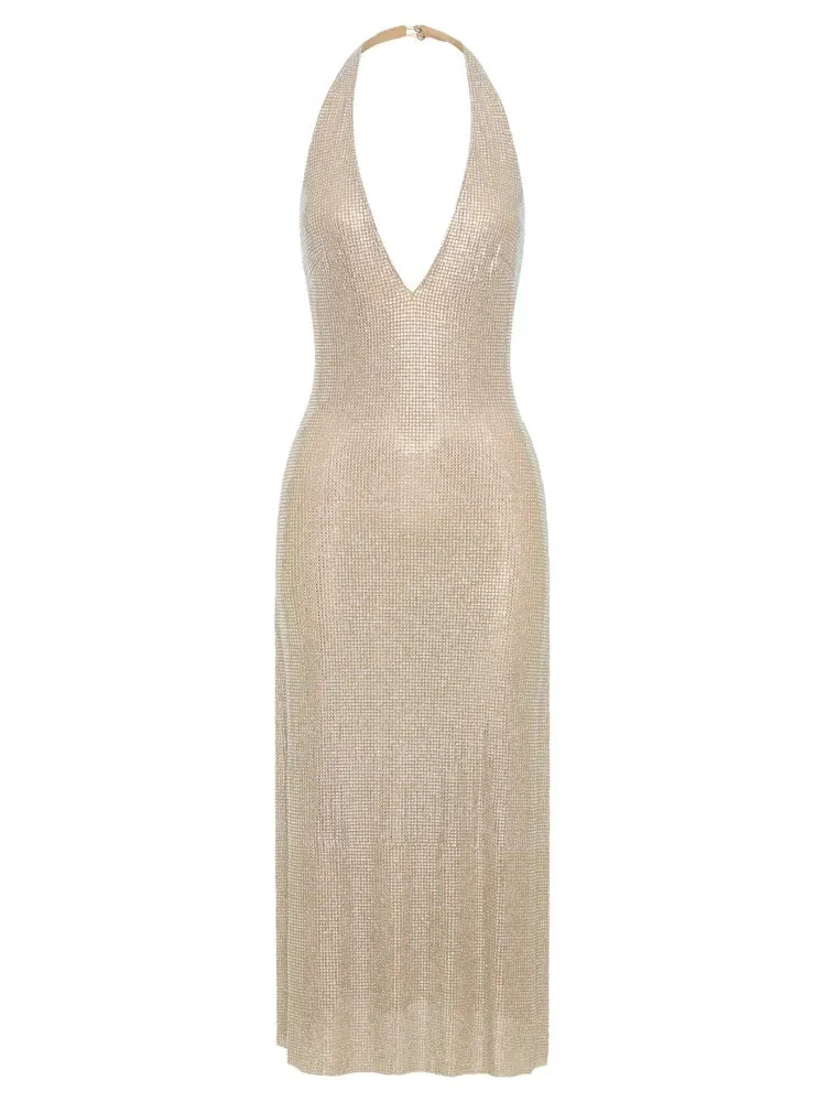 Trend4us Glamorous Halter Diamonds Backless Evening Gown