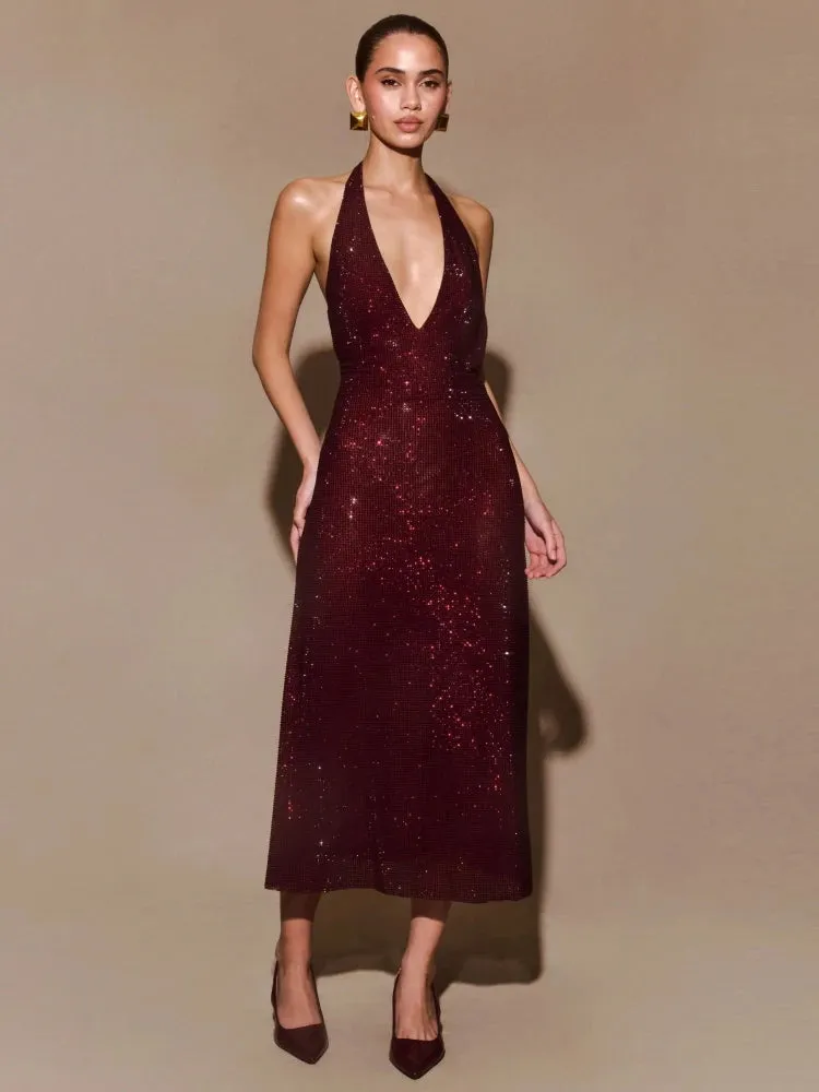 Trend4us Glamorous Halter Diamonds Backless Evening Gown