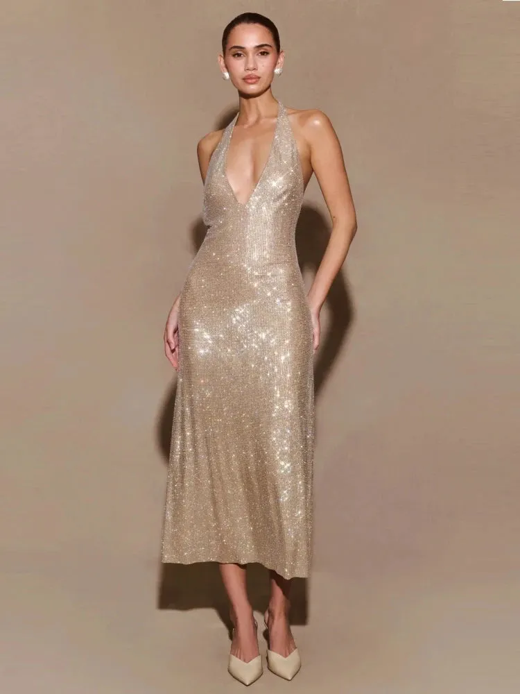 Trend4us Glamorous Halter Diamonds Backless Evening Gown