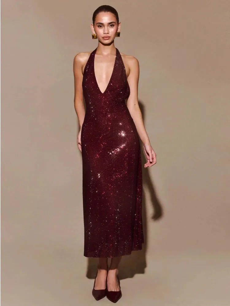 Trend4us Glamorous Halter Diamonds Backless Evening Gown