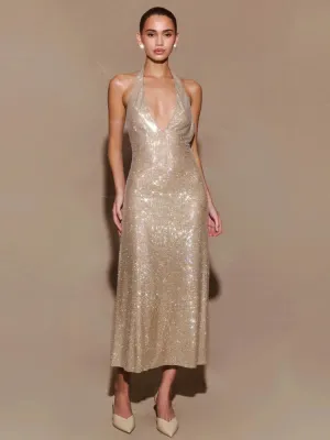 Trend4us Glamorous Halter Diamonds Backless Evening Gown