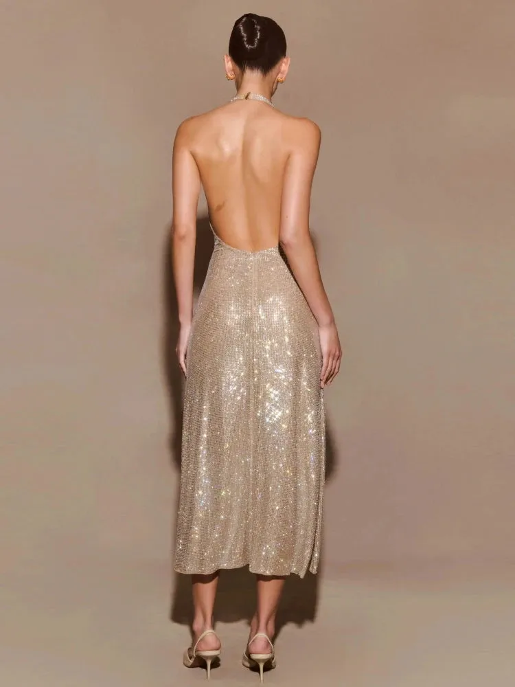 Trend4us Glamorous Halter Diamonds Backless Evening Gown