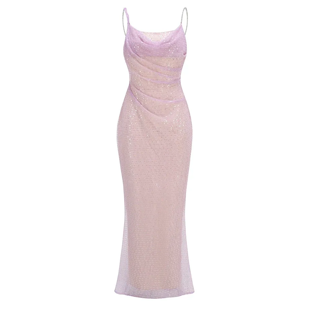 Trend4us Women’s Glamorous Sequin Draped Backless Evening Gown