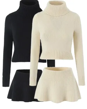 Turtleneck cropped flowing knit sweater with matching knit skirt set