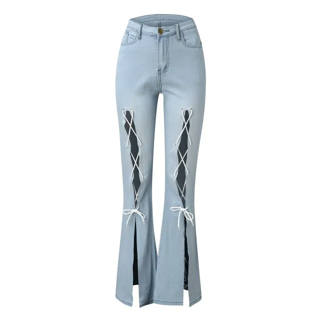 Women Button High Waist Slim Band Bell Bottom Flared Jeans Pants Hole Jeans Causal Vintage Denim Pants