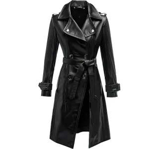 Women’s Classic Black Genuine Sheepskin Knee Length Trench Leather Coat