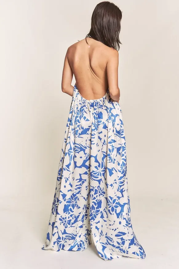 Women's Hers & Mine Butter Satin Pleated Halter Wide Leg Jumpsuit