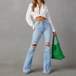 Women's High Waist Flare Jeans with Holes Y2K Denim Trousers